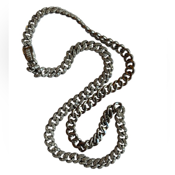 BSI 925 Sterling Reversible Rhinestone Polished Curb Chain Choker Necklace 17" - Picture 5 of 16